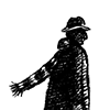 Wind blows a man's scarf as he stares down darkly.