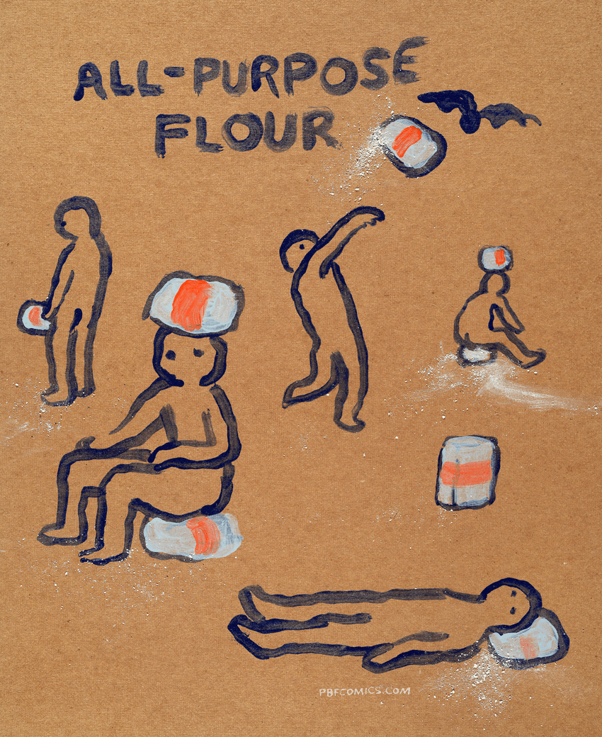 Visual montage of a nondescript person using a bag of "All-Purpose Flour" for literally all purposes: Wearing it as a hat, using it as a pillow, riding on it, throwing it at a bat. On the right side of the picture, we also so the person holding it their genitals for purposes we don