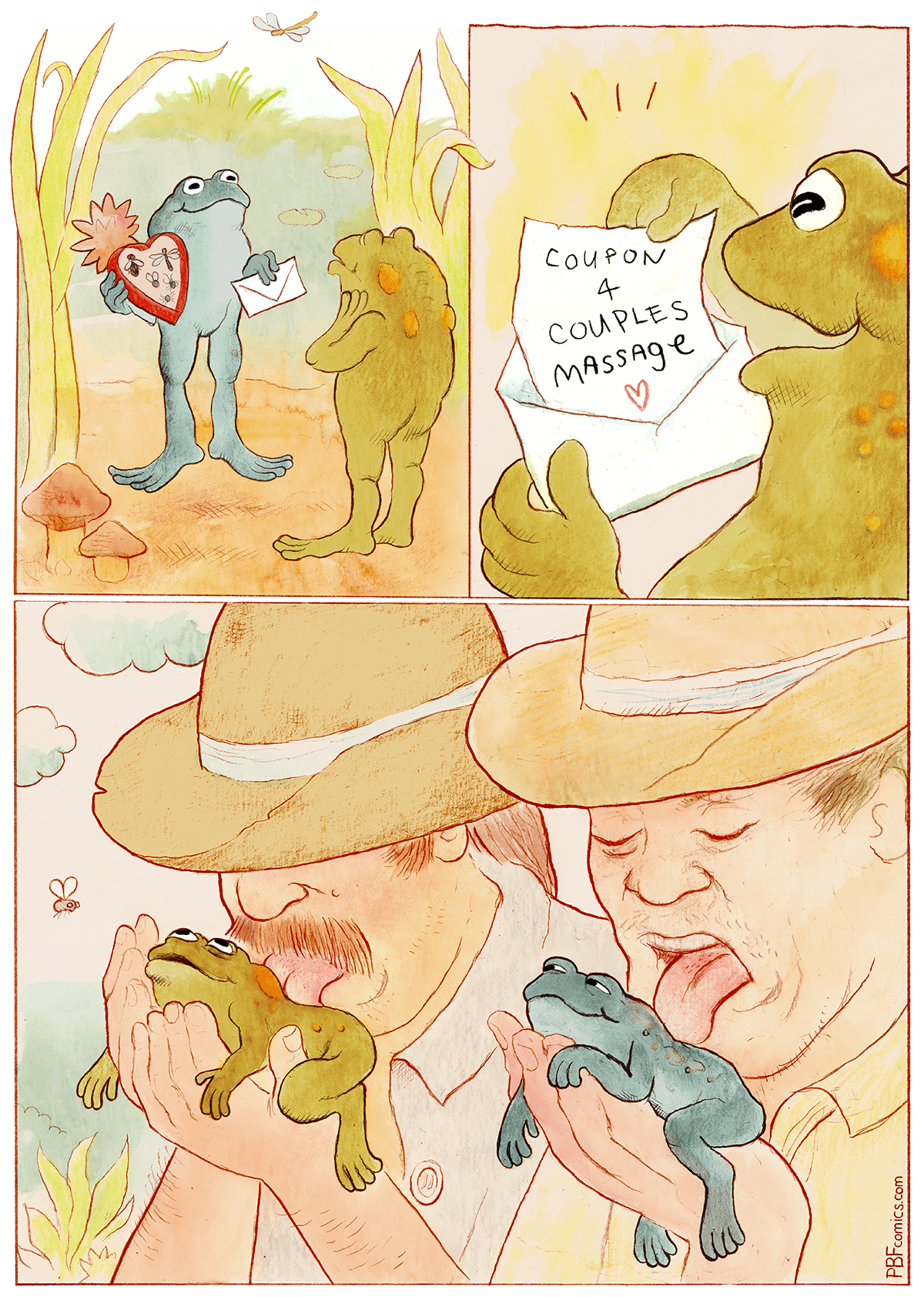 Anniversary Trip A toad is approached by another toad with flowers, a box of bugs, and a couples massage coupon. Eventually, we see them getting their backs massaged by the tongues of two cowboys hoping to get high.