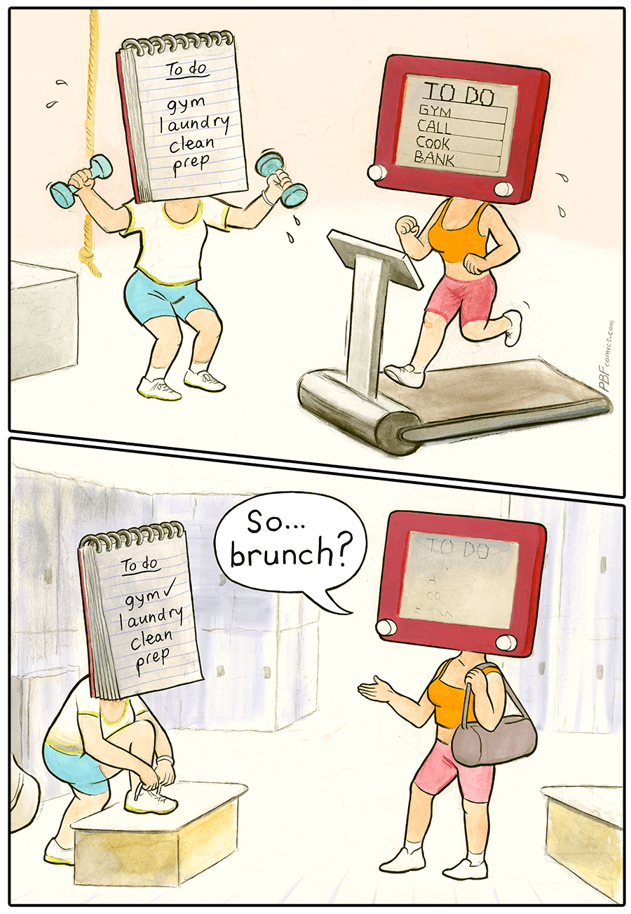 PBF-Getting_Things_Done A notepad and an Etch-a-sketch, each featuring a To-Do List, work out at the gym. Afterwards, the notepad has checked off the first thing on its To-Do List (gym). The Etch-A-Sketch however, has an empty screen. She proposes brunch.