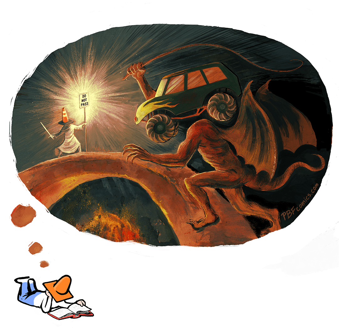 A Gandalf-like wizard with a traffic for a cone for a head holds up an American highway sign that says "DO NOT PASS". The sign
